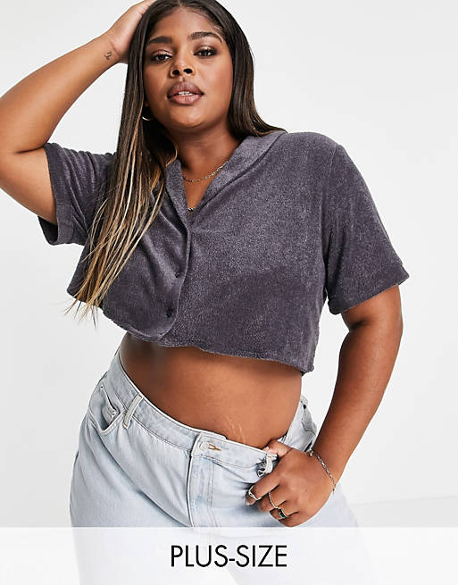 Flounce London Plus terrycloth cropped shirt in slate gray - part of a ...