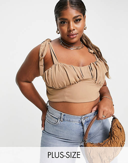 Flounce London Plus tie strap crop top with cupping detail in mocha