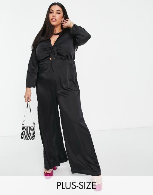 Flounce London Plus - Tuta jumpsuit con laccetto sul davanti in raso, colore nero