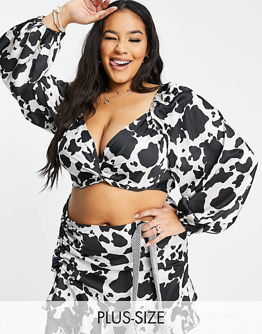 Flounce London Plus twist front long sleeve satin crop top co-ord in abstract animal print