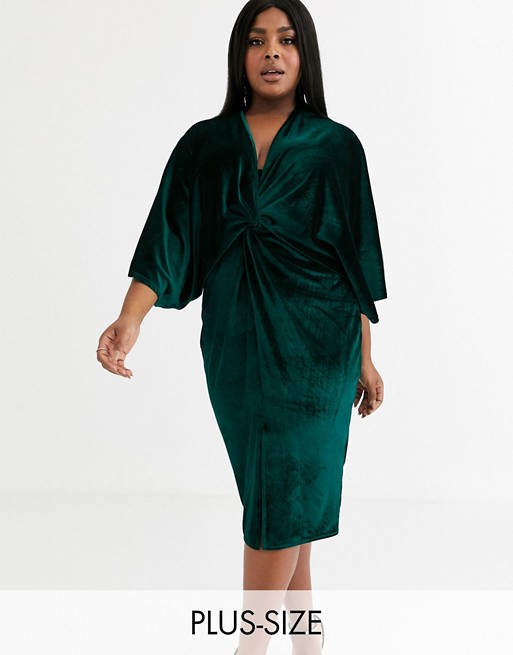 Flounce London Plus velvet kimono midi dress in emerald