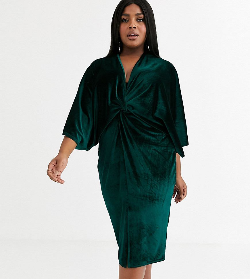 Flounce London Plus velvet kimono midi dress in emerald-Green