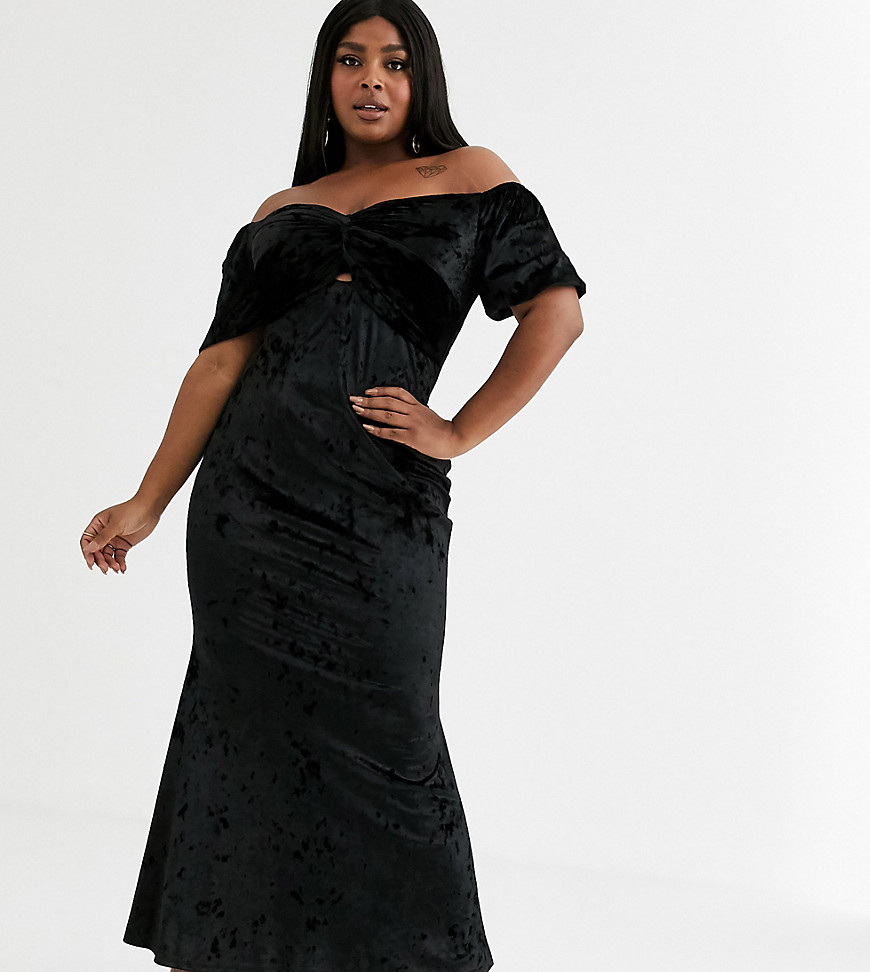 Flounce London Plus velvet maxi dress with fishtail in black