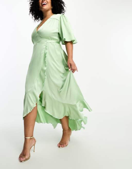 Flounce London Plus - Vestito midi in raso verde salvia a portagoglio con maniche con volant