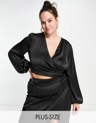 Flounce London Plus wrap front cropped satin blouse with balloon sleeves in black co-ord - ASOS Price Checker