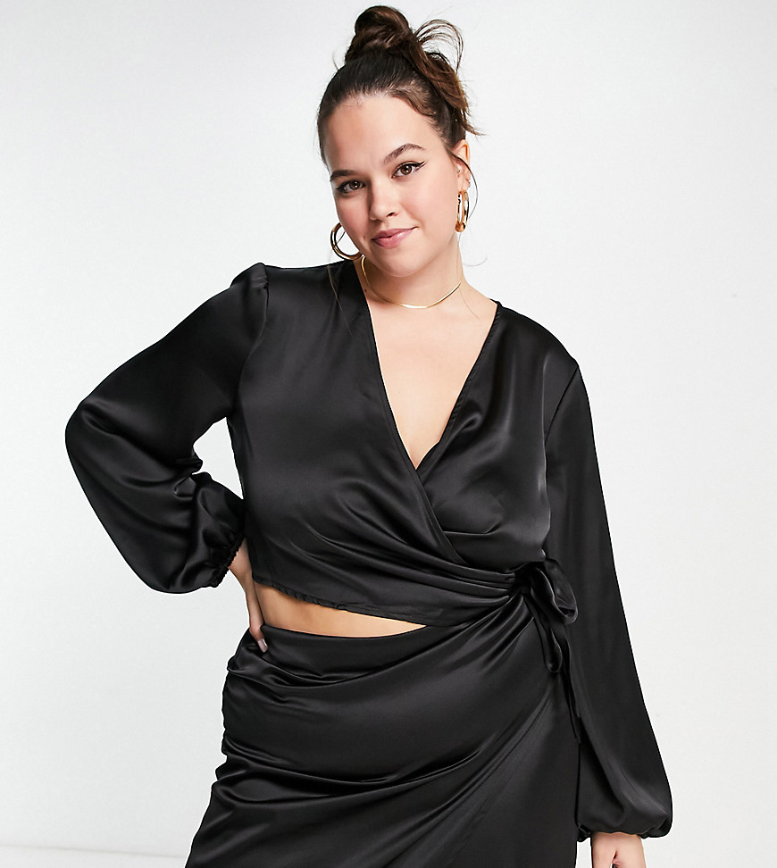 Flounce London Plus wrap front cropped satin blouse with balloon sleeves in black co-ord