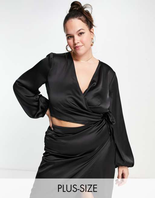 Plus Satin Blouson Sleeve Wrap Dress