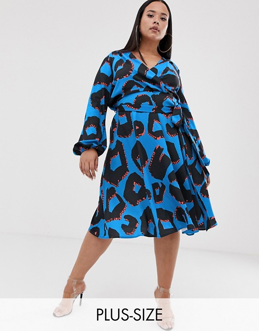 Flounce London Plus wrap front midi dress in abstract print