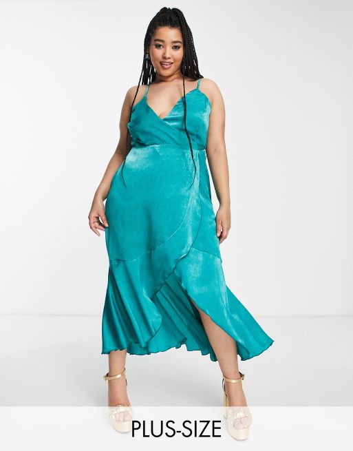 Flounce London satin long sleeve wrap maxi dress in emerald green, ASOS