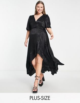 Flounce London Plus wrap front midi dress with flutter sleeves in black satin