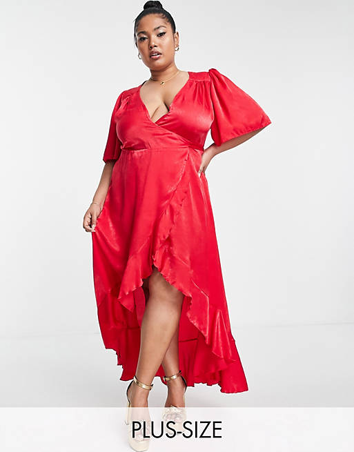 Flounce London Plus wrap front midi dress with flutter sleeves in red satin