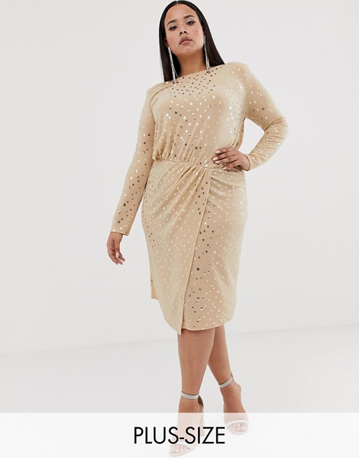 Flounce London Plus wrap front midi dress with statement shoulder in gold metallic