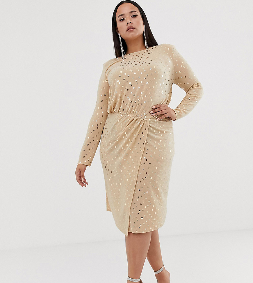Flounce London Plus wrap front midi dress with statement shoulder in gold metallic