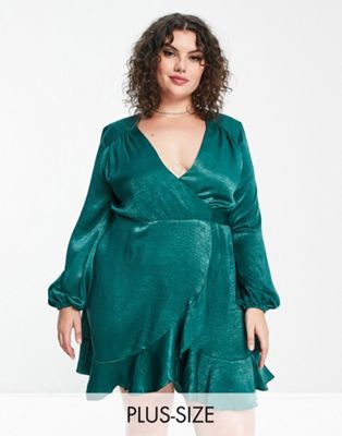 wrap front mini dress with balloon sleeve in emerald satin-Green