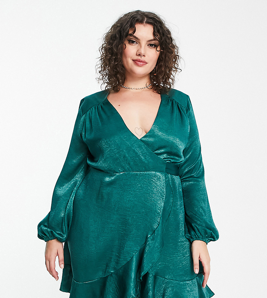 Flounce London Plus wrap front mini dress with balloon sleeve in emerald satin-Green
