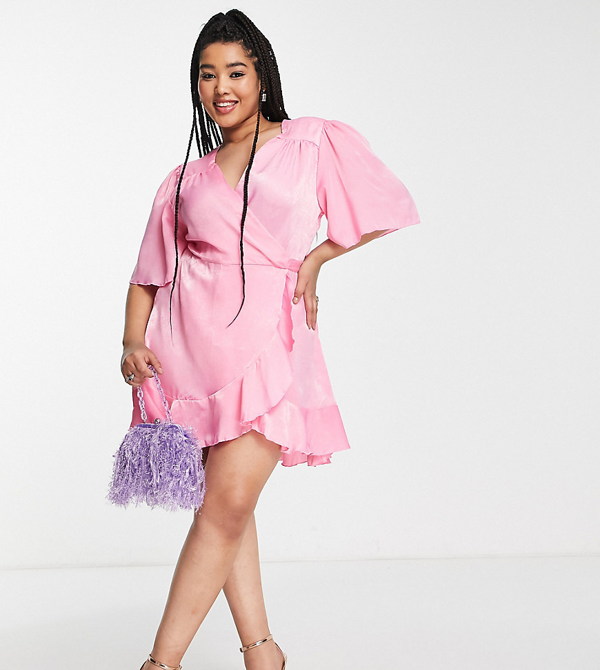 Flounce London Plus wrap front mini dress with flutter sleeves in pink satin