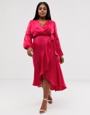 hot pink satin wrap dress