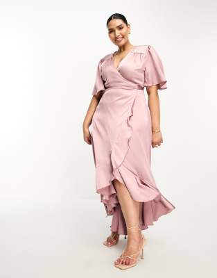 Flounce London Plus Flounce London Plus wrap front satin midi dress with flutter sleeves in heather rose-Pink