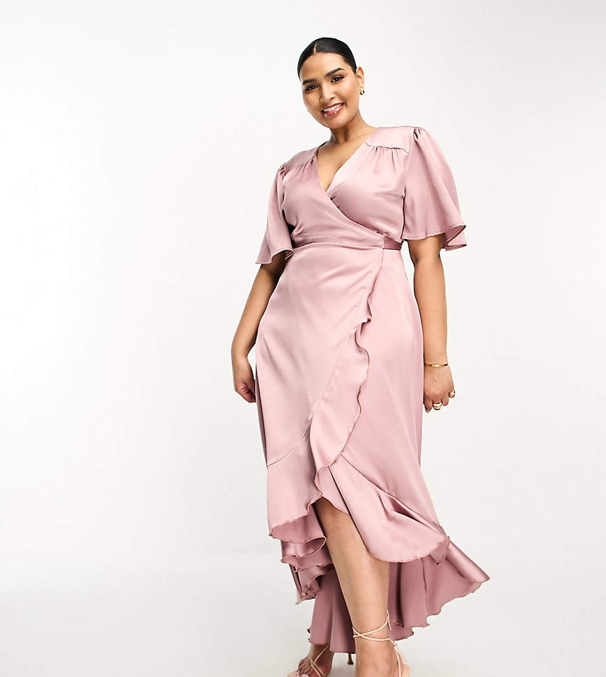 Flounce London Plus wrap front satin midi dress with flutter sleeves in heather rose-Pink