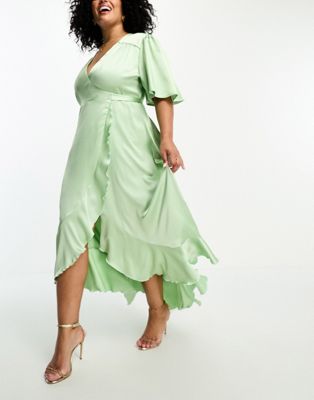 Flounce London Plus wrap front satin midi dress with flutter sleeves in sage