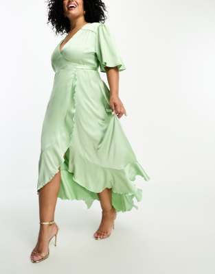 Flounce London Wrap Front Satin Midi Dress in Green