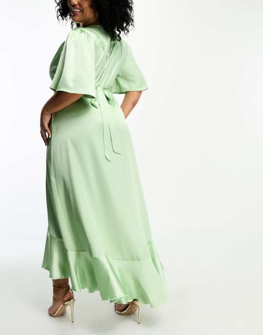 Flounce London Plus wrap front satin midi dress with flutter sleeves in sage, 2 of 4