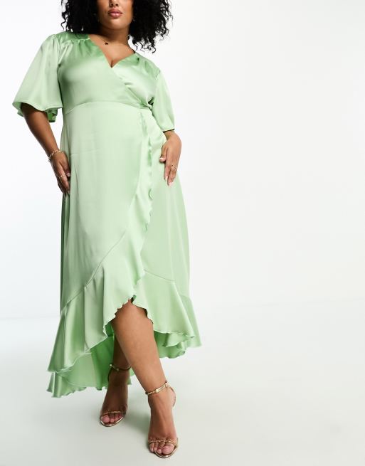 Flounce London Plus wrap front satin midi dress with flutter sleeves in sage, 4 of 4