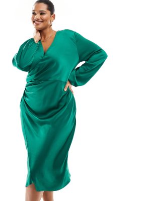 Flounce London Tall satin flutter sleeve midi dress in emerald jacquard  Size 10