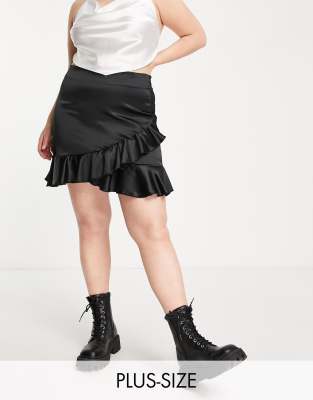 Flounce London Plus Flounce London Plus wrap mini skirt in black satin