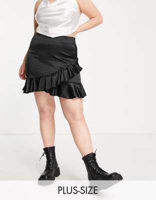 Flounce London Plus wrap mini skirt in black satin