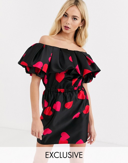 Flounce London puff sleeve bardot satin mini dress with ruched waist in heart print