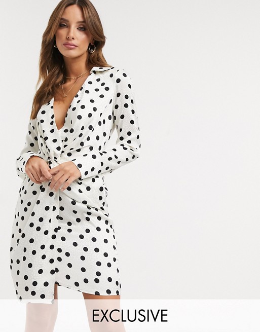 Flounce London exclusive relaxed drape satin mini dress in polka dot