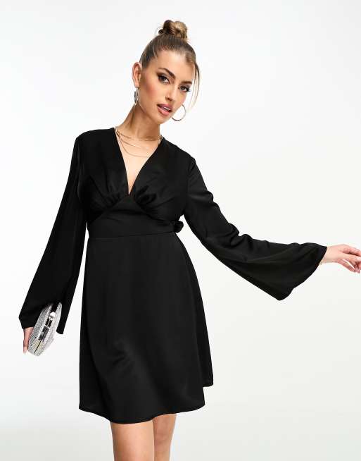 Flounce London - Robe courte en satin à manches larges - Noir