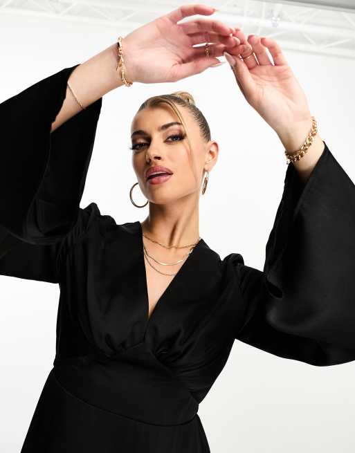 Flounce London Robe courte en satin à manches larges Noir ASOS