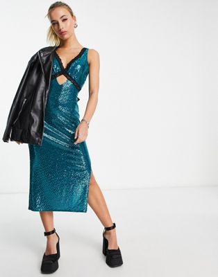 Flounce London midi metallic sparkle dress with contrasting lace trim  - ASOS Price Checker