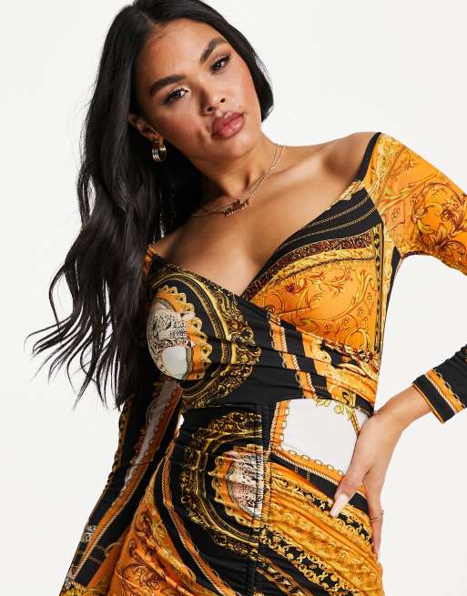 Flounce London ruched bardot bodycon mini dress in orange scarf print ASOS