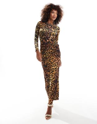 ruched midaxi dress with drape detail in leopard print-Multi