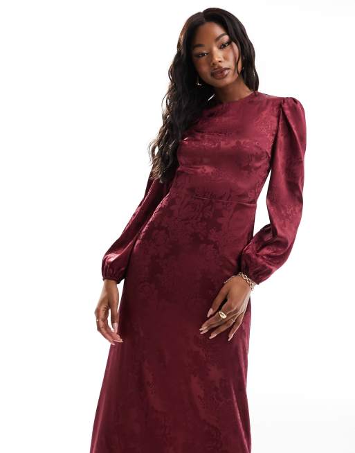 Flounce London ruffle hem satin maxi dress in port