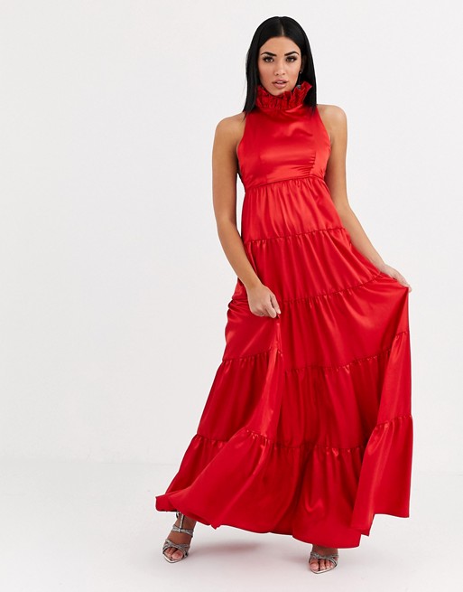 Flounce London ruffle neck tiered satin maxi dress in red