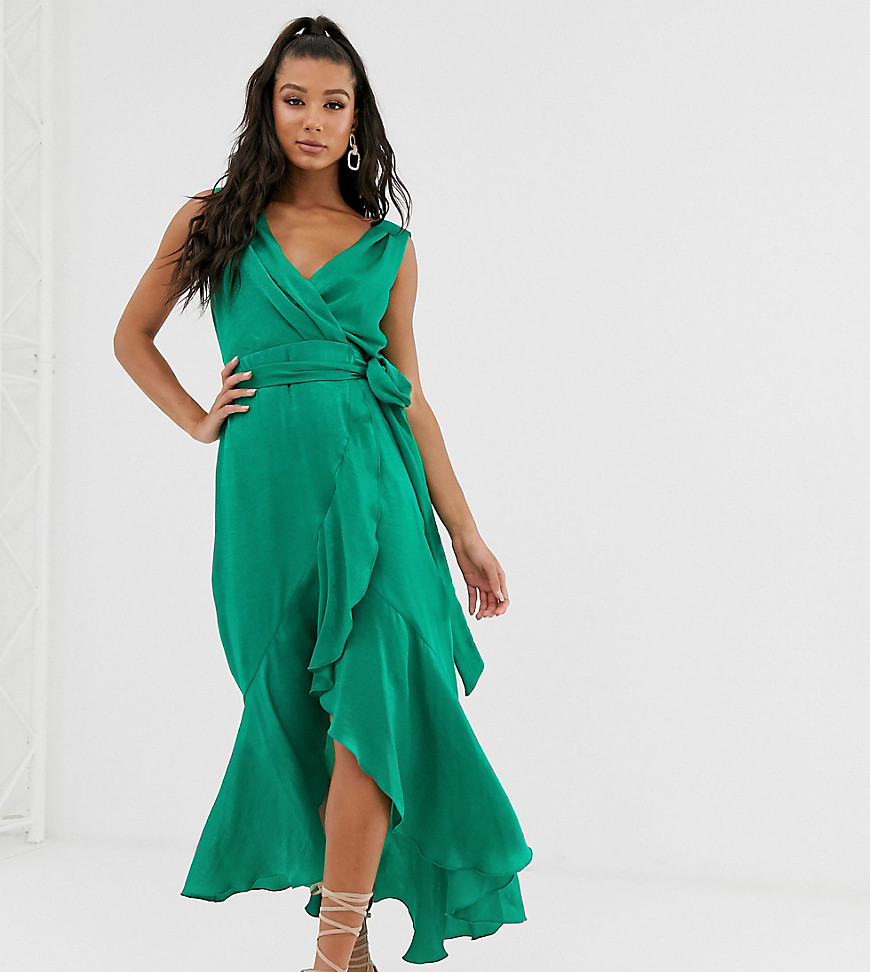Flounce London - Satijnen midaxi-jurk met overslag aan de voorkant in smaragdgroen