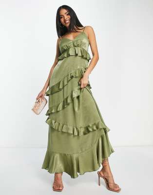 Flounce London satin all over ruffle cami maxi dress in khaki-Green φωτογραφία