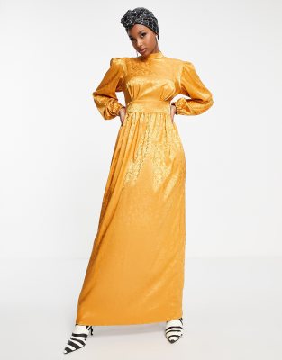 Flounce London satin balloon sleeve maxi dress in cinnamon floral-Orange