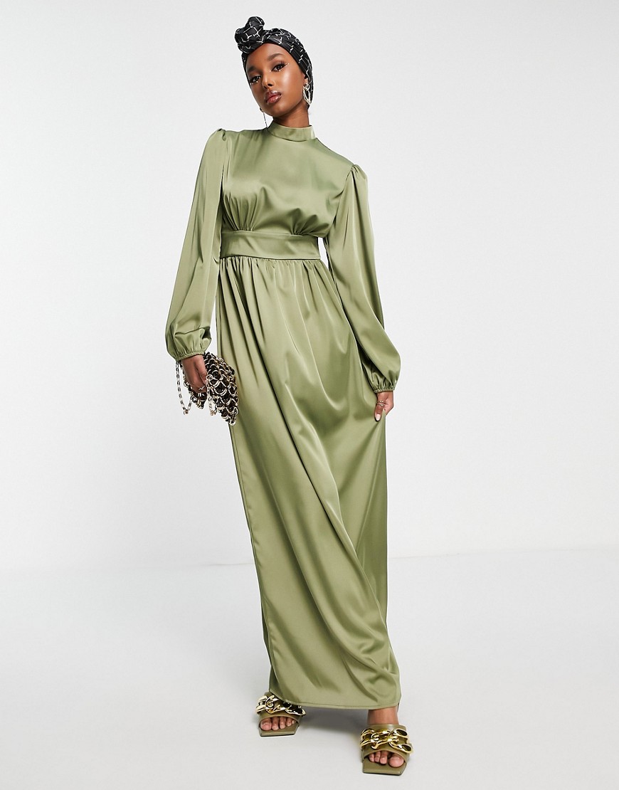 Flounce London satin balloon sleeve maxi dress in khaki-Green