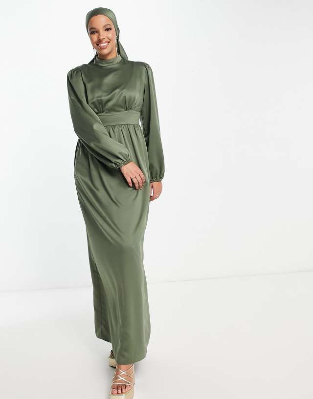 Flounce London satin balloon sleeve maxi dress in khaki