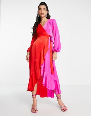 Flounce London Satin Balloon Sleeve Ruffle Midi Dress In Contrast Pink And Red