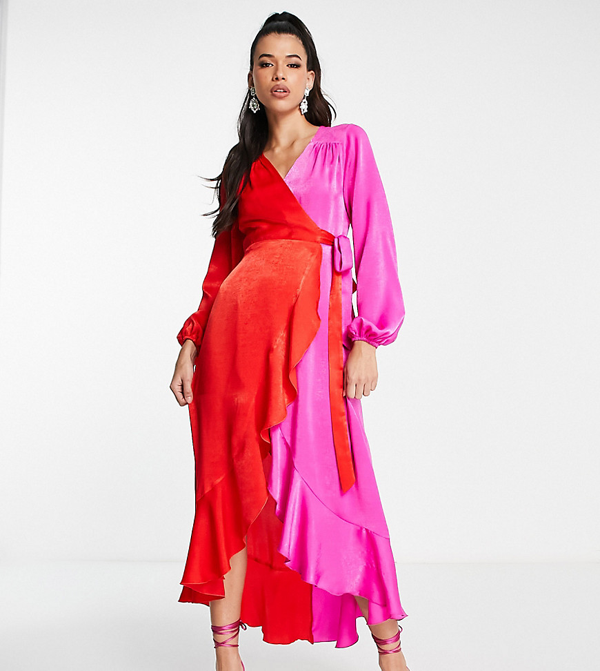 Flounce London satin balloon sleeve ruffle midi dress in contrast pink and red