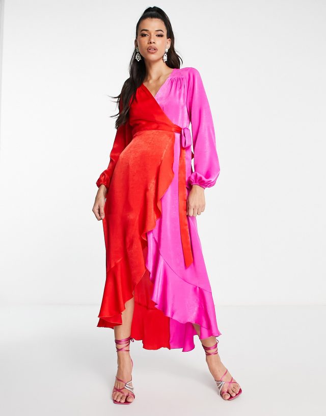 Flounce London satin balloon sleeve ruffle midi dress in contrast pink and red