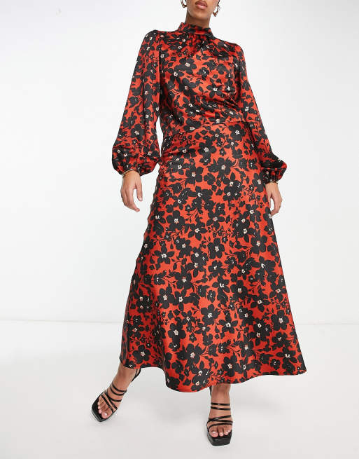 Flounce London satin bias cut maxi skirt in silhouette floral (part of a set) 