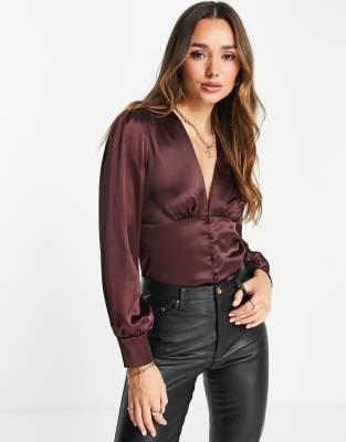 FLOUNCE LONDON SATIN BLOUSE WITH BUTTONS IN MIDNIGHT BROWN TBC