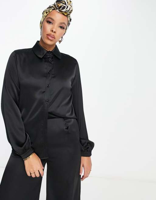 Flounce London satin button up shirt in black (part of a set) 